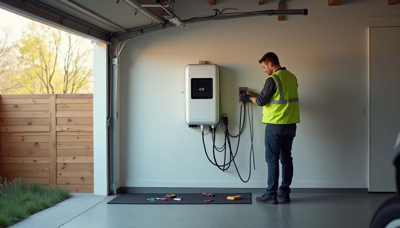 Technicien en train d’installer une borne de recharge électrique murale dans un garage à Saint-Martin-de-l’If