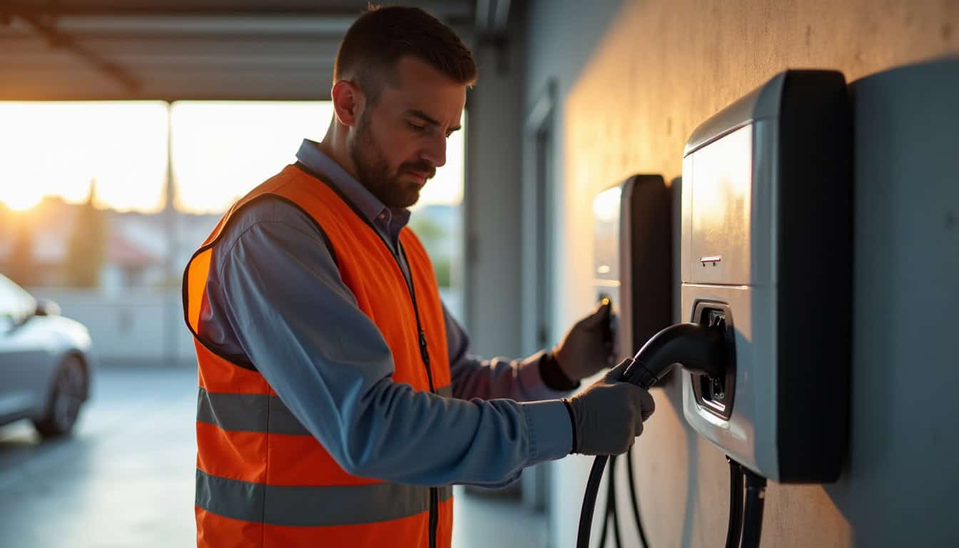 Technicien en train d'installer une borne de recharge électrique murale