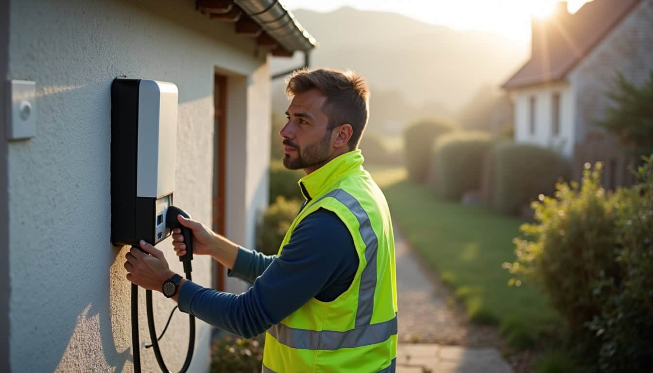 Technicien en train d'installer une borne de recharge électrique sur le mur extérieur d'une maison à Guémené-Penfao