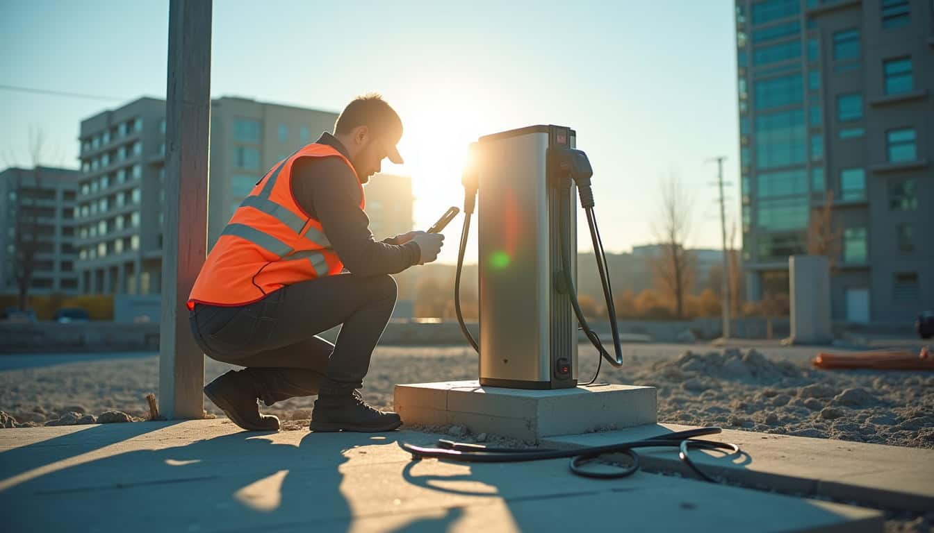 Technicien en train d'installer une borne de recharge électrique sur un chantier à Collégien