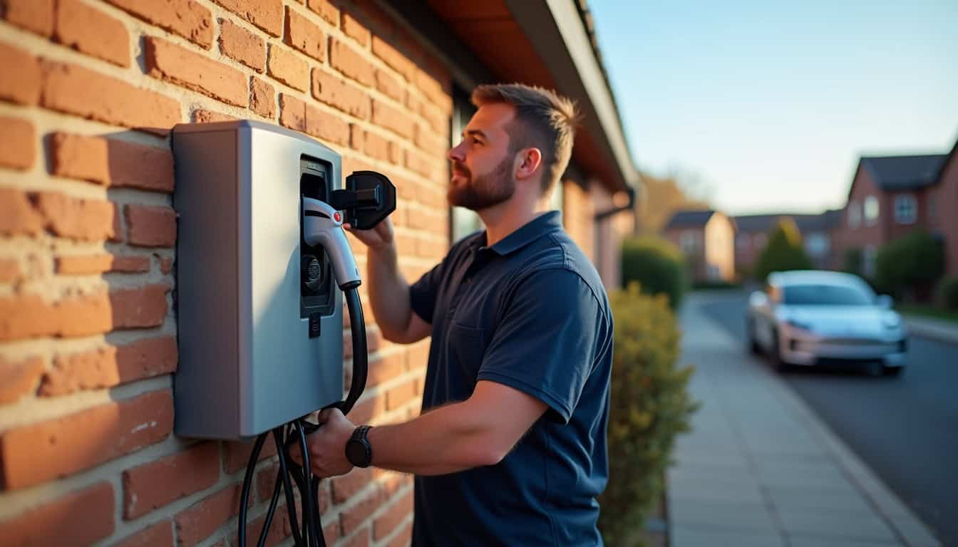 Technicien en train d'installer une borne de recharge électrique sur un mur extérieur à Aubergenville