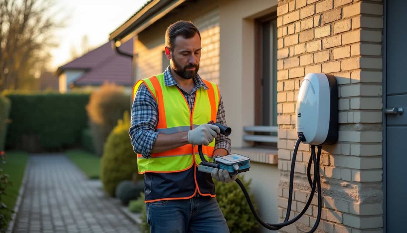 Technicien en train d’installer une borne de recharge électrique sur un mur extérieur à Boulay-les-Barres