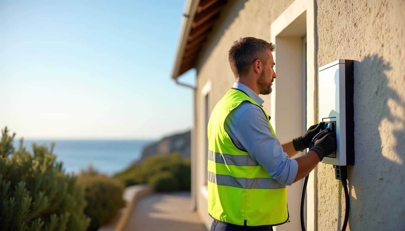 Technicien en train d’installer une borne de recharge électrique sur un mur extérieur à Jard-sur-Mer