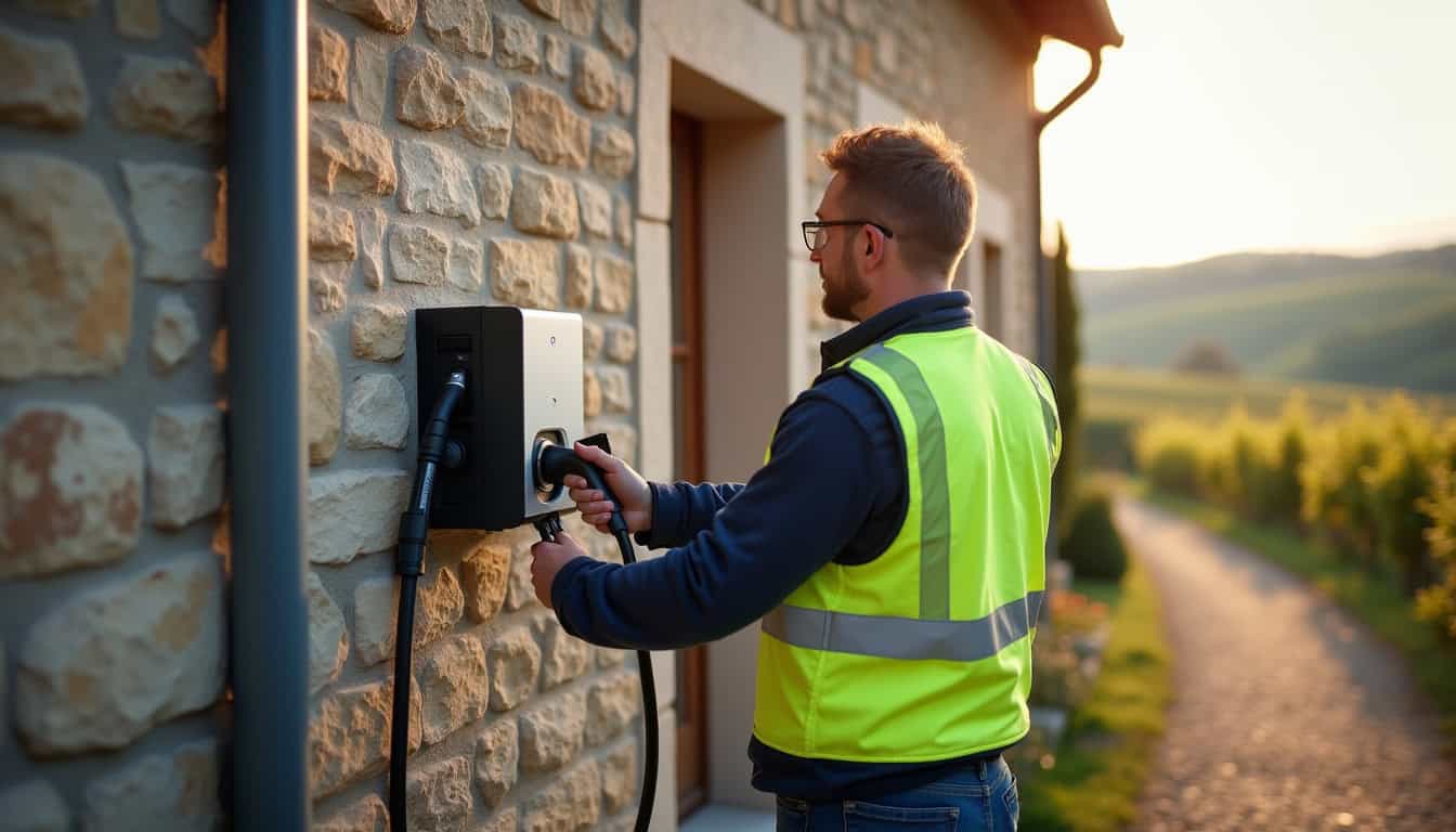 Technicien en train d'installer une borne de recharge électrique sur un mur extérieur à Kintzheim