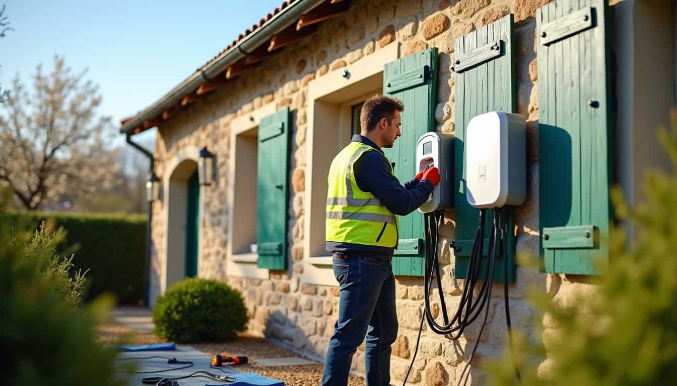 Technicien en train d'installer une borne de recharge électrique sur un mur extérieur à Louvigné-du-Désert