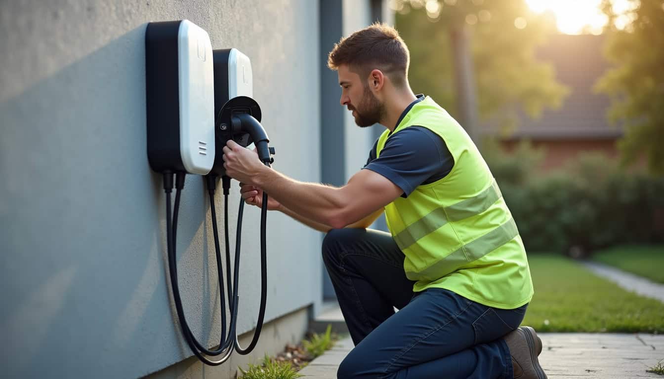 Technicien en train d'installer une borne de recharge électrique sur un mur extérieur à Mirecourt