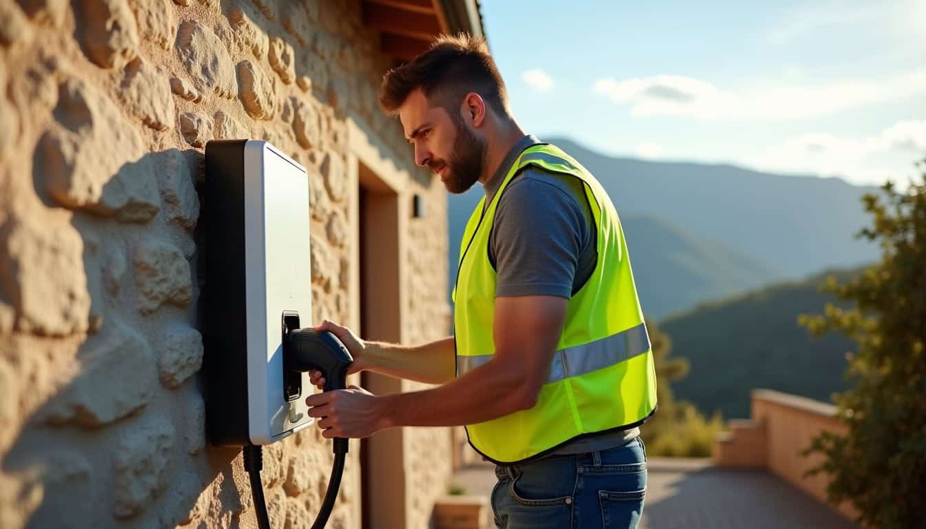 Technicien en train d'installer une borne de recharge électrique sur un mur extérieur à Peillon