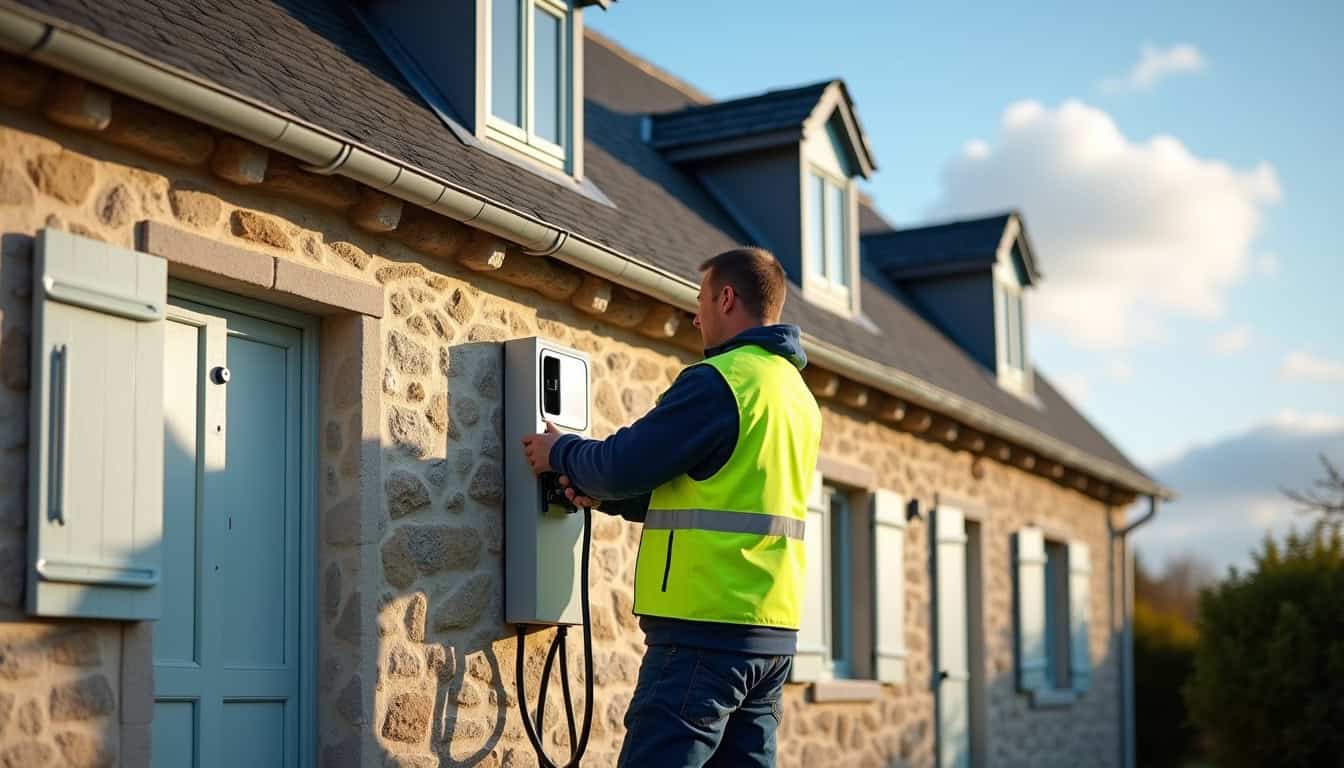 Technicien en train d’installer une borne de recharge électrique sur un mur extérieur à Plouézec