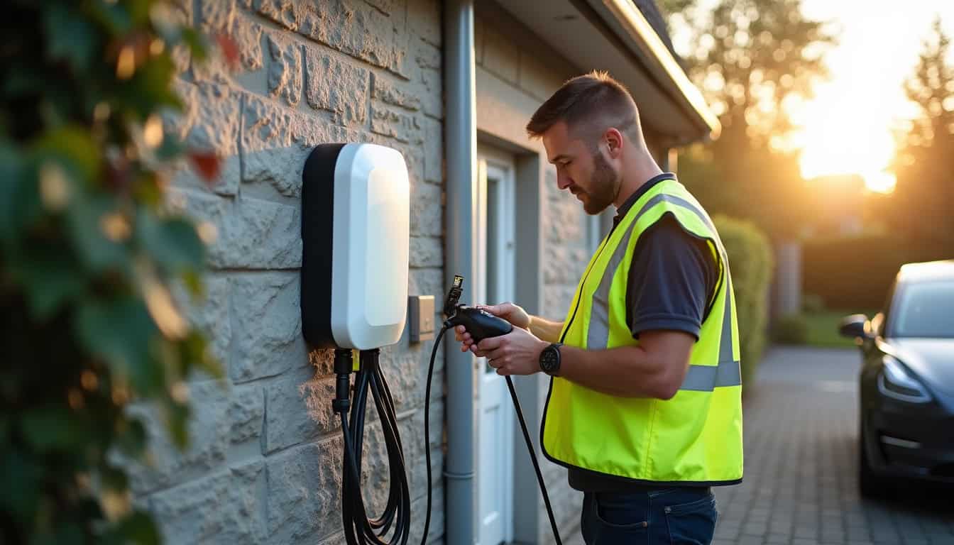 Technicien en train d’installer une borne de recharge électrique sur un mur extérieur d’une maison à Charbonnières-les-Bains