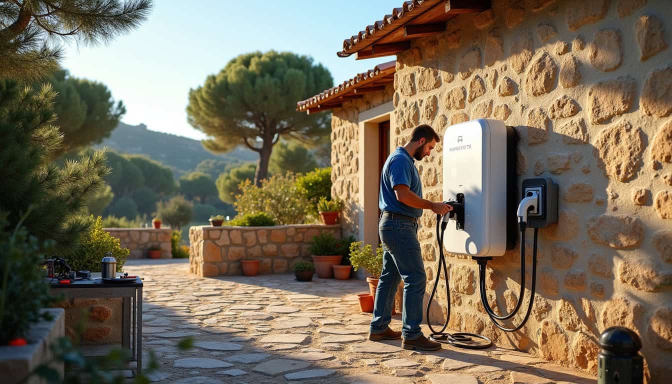 Technicien en train d'installer une borne de recharge électrique sur un mur extérieur