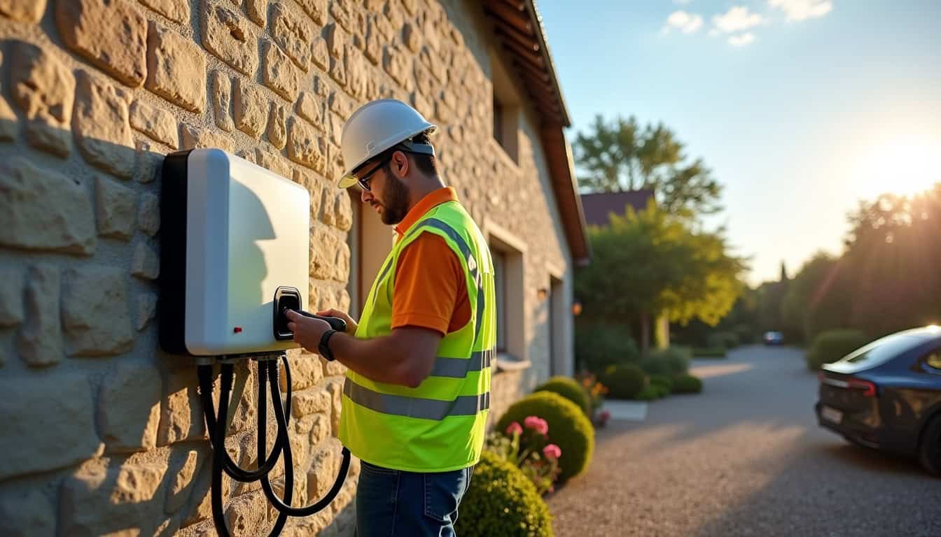 Technicien en train d’installer une borne de recharge électrique sur un mur extérieur