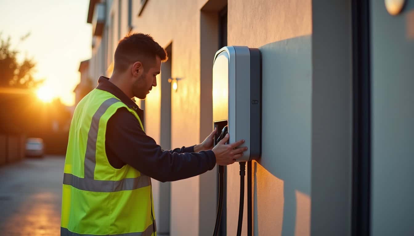 Technicien en train d'installer une borne de recharge électrique sur un mur extérieur