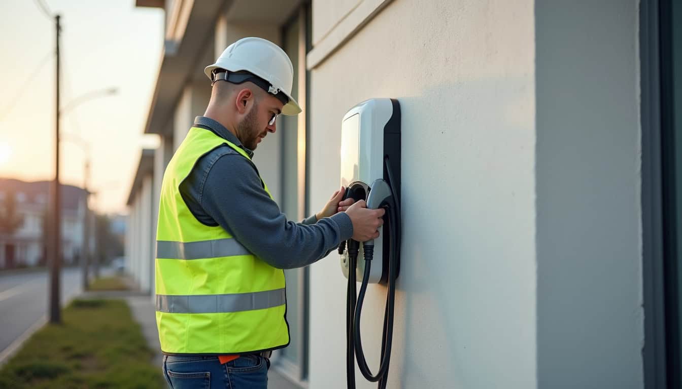 Technicien en train d'installer une borne de recharge électrique sur un mur extérieur