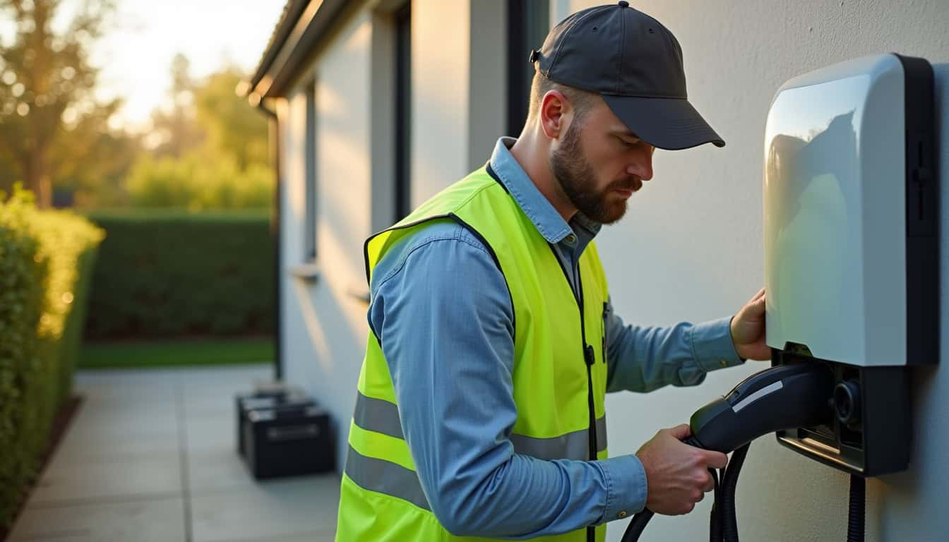Technicien en train d'installer une borne de recharge électrique sur un mur extérieur