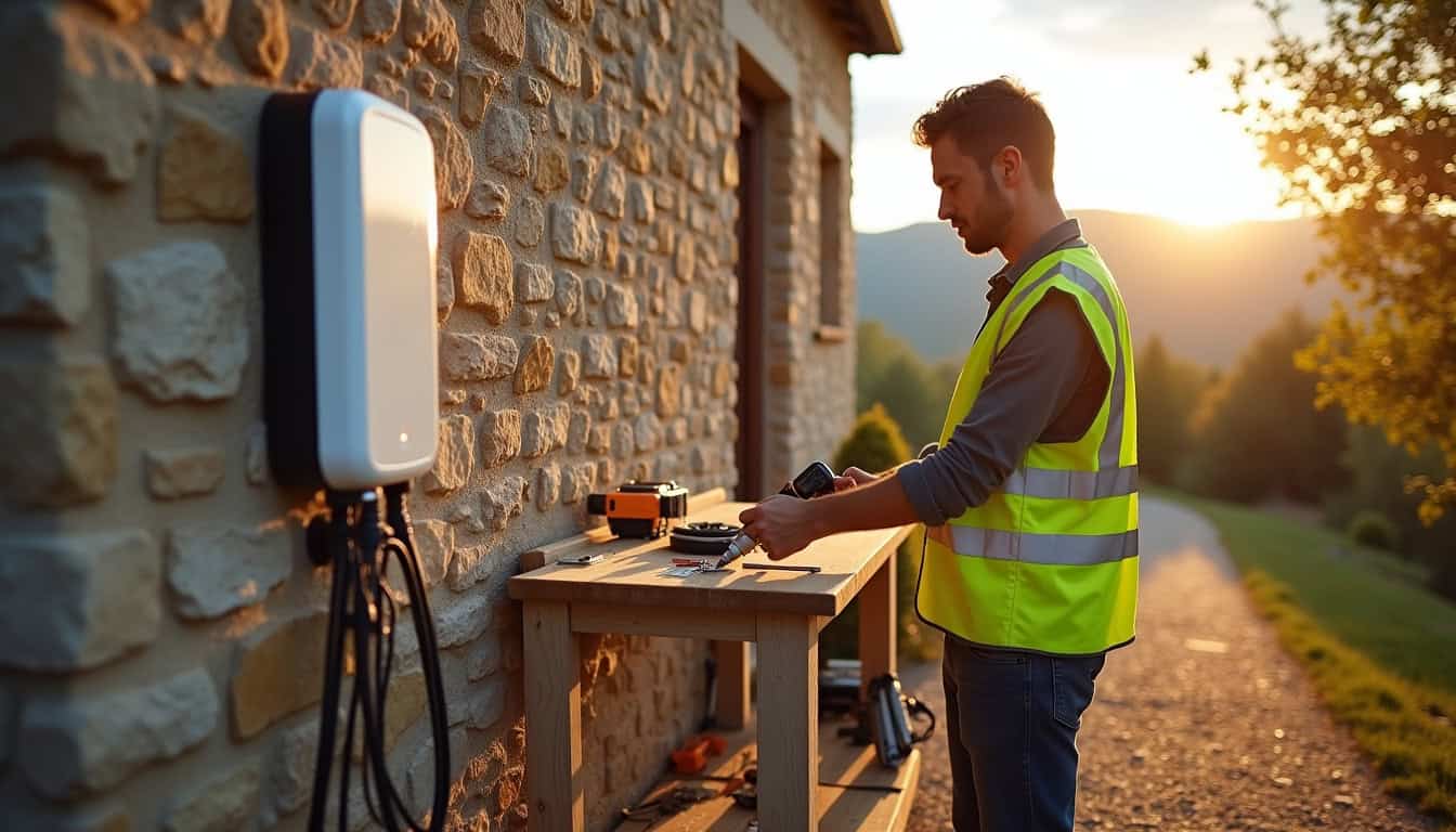 Technicien en train d'installer une borne de recharge électrique sur un mur extérieur