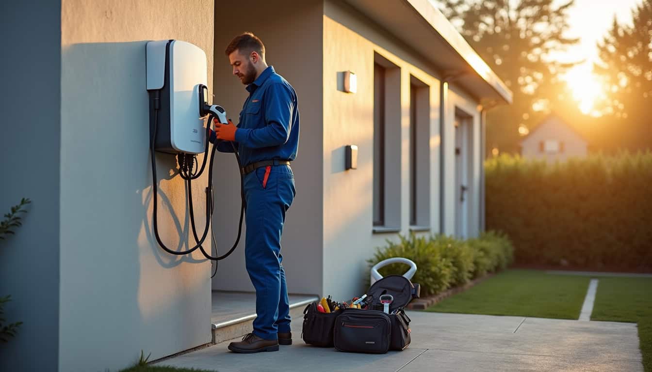 Technicien en train d’installer une borne de recharge électrique sur un mur extérieur