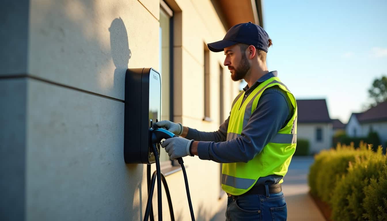Technicien en train d’installer une borne de recharge électrique sur un mur extérieur