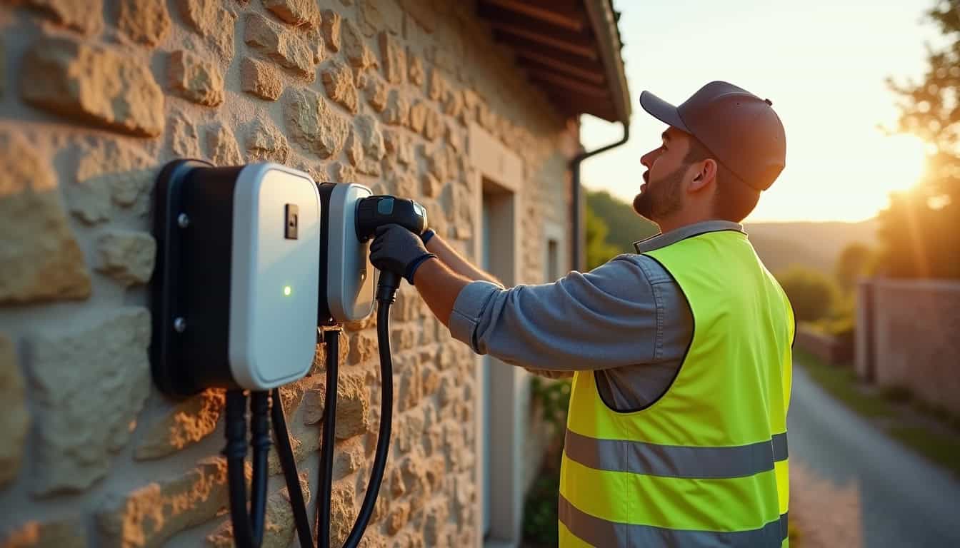 Technicien en train d'installer une borne de recharge électrique sur un mur extérieur