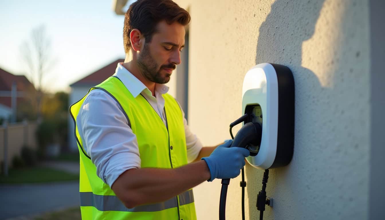 Technicien en train d'installer une borne de recharge électrique sur un mur extérieur