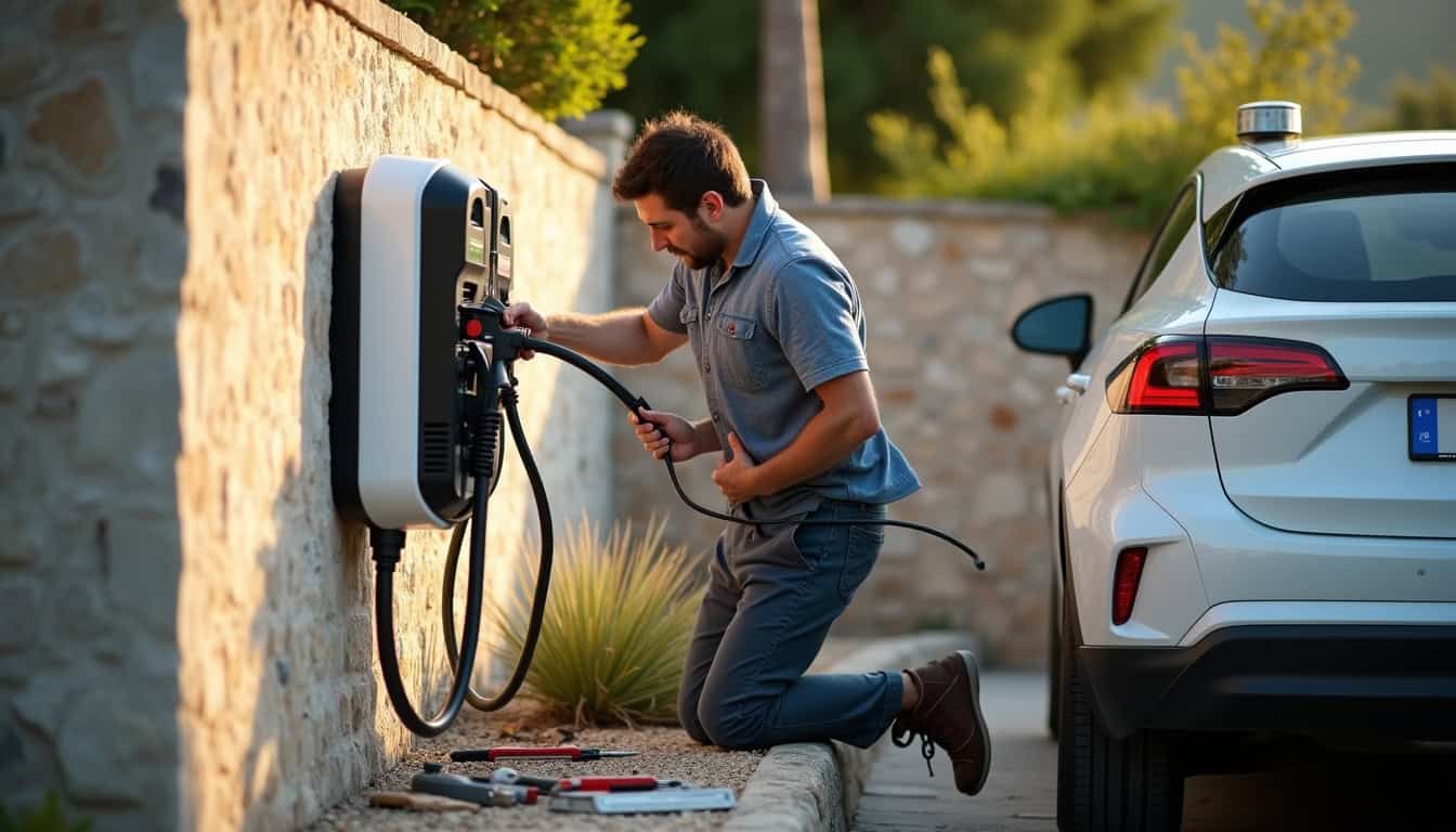 Technicien en train d'installer une borne de recharge électrique sur un parking privé à Aigues-Vives