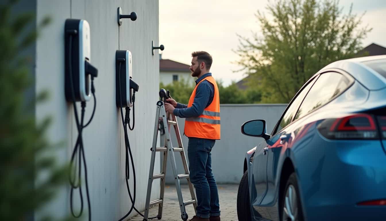 Technicien en train d’installer une borne de recharge électrique sur un parking privé à Poiroux
