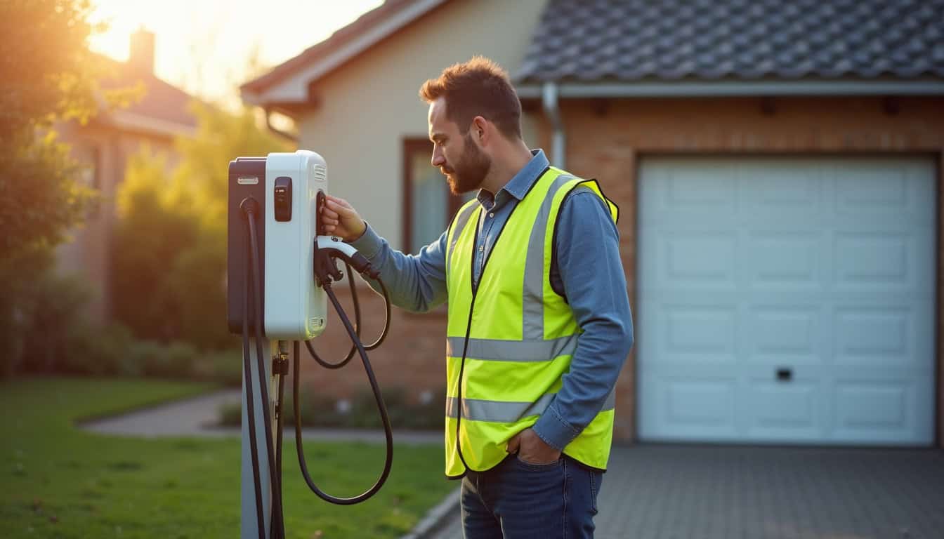 Technicien en train d'installer une borne de recharge électrique sur une place de parking privée