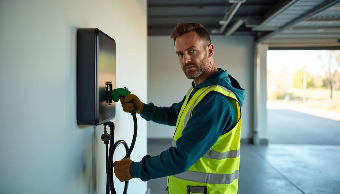 Technicien en train d'installer une borne de recharge électrique