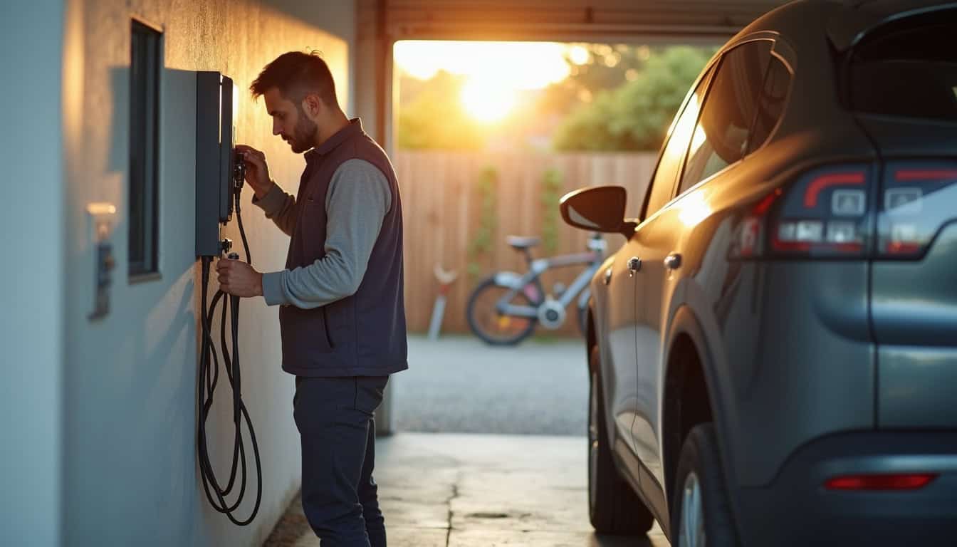 Technicien en train d’installer une borne de recharge murale à domicile