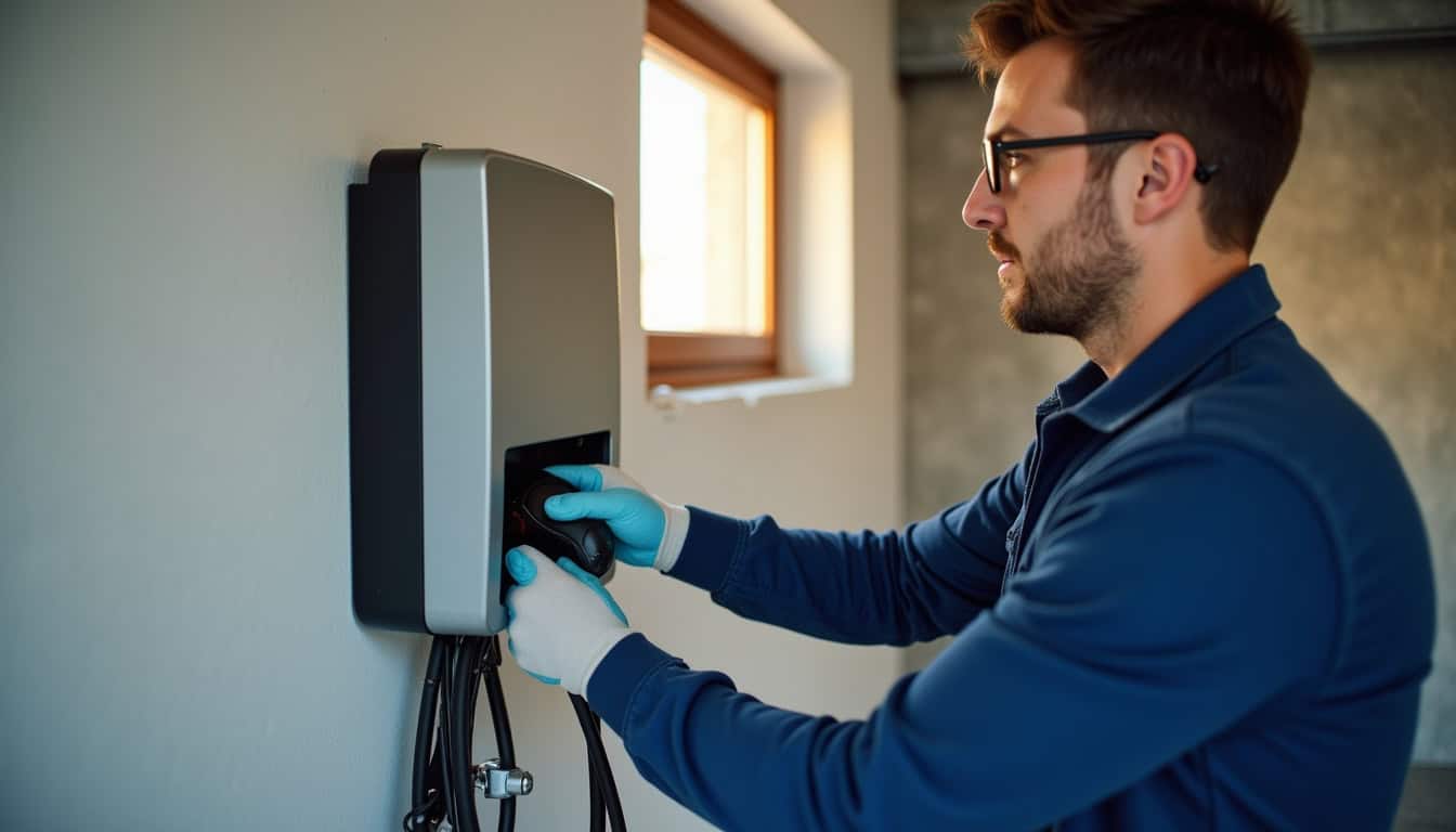 Technicien en train d'installer une borne de recharge murale à Lapugnoy