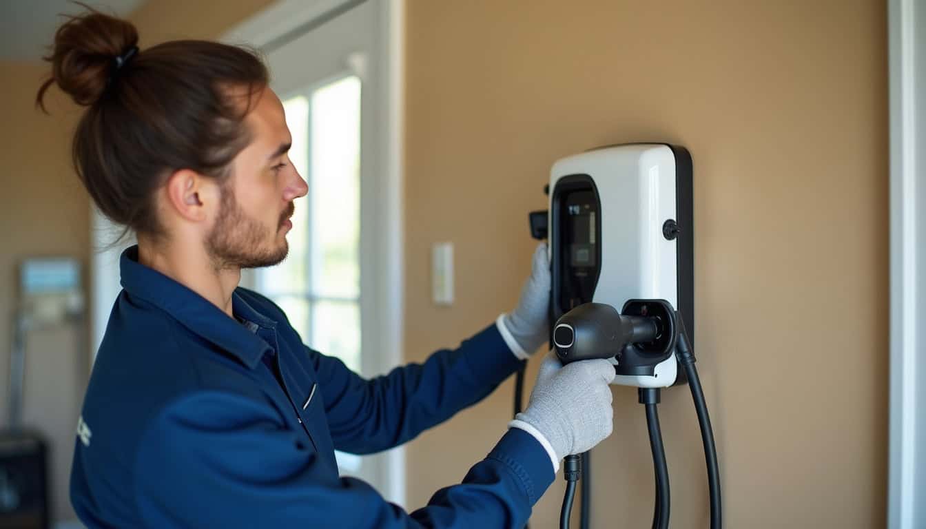 Technicien en train d’installer une borne de recharge murale à Neufchâtel-Hardelot