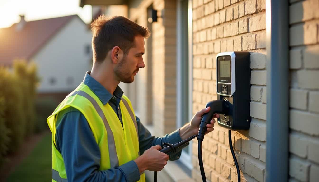 Technicien en train d'installer une borne de recharge murale à Saint-Avold sur un mur extérieur
