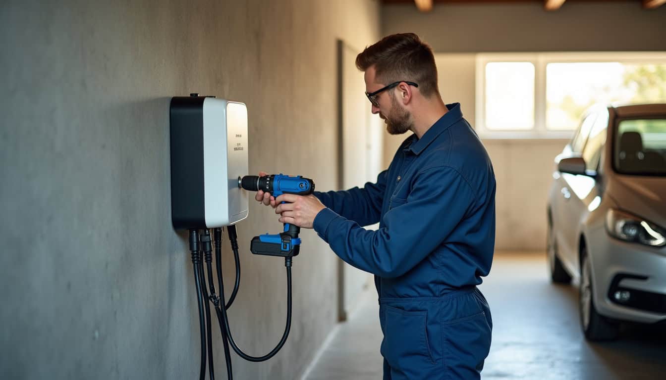 Technicien en train d'installer une borne de recharge murale chez un particulier à Le Ban-Saint-Martin