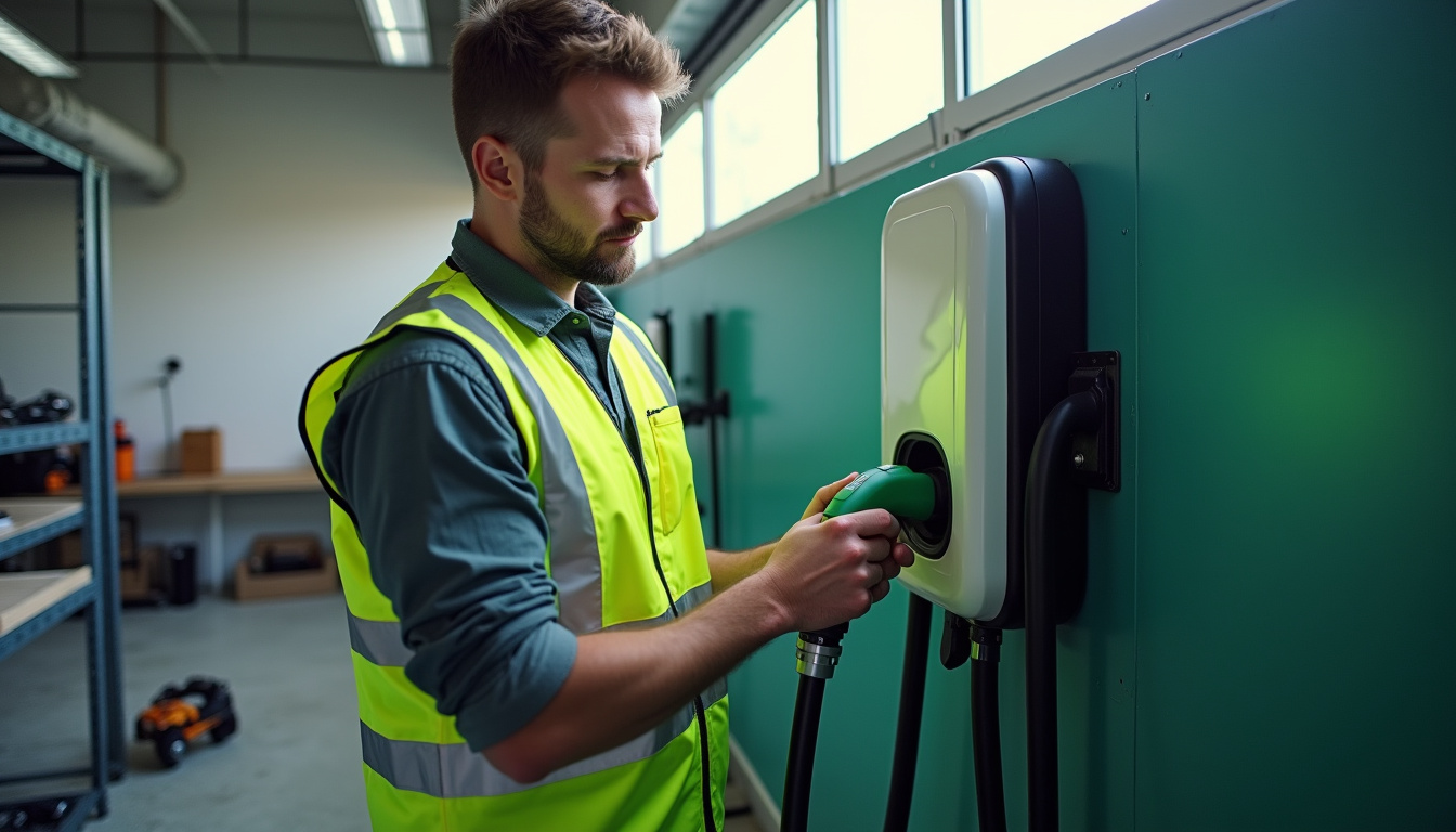 Technicien en train d’installer une borne de recharge murale dans un garage à Brest