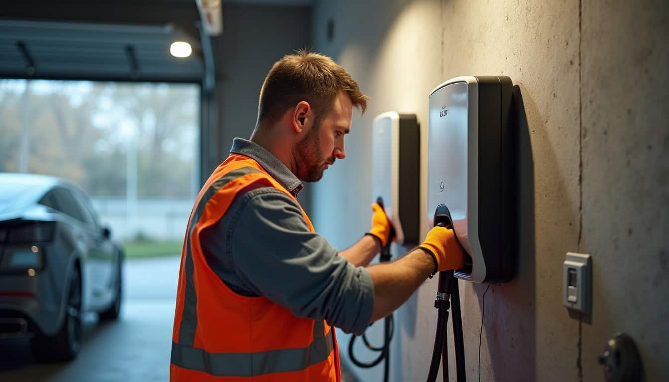 Technicien en train d'installer une borne de recharge murale dans un garage à Chavanay
