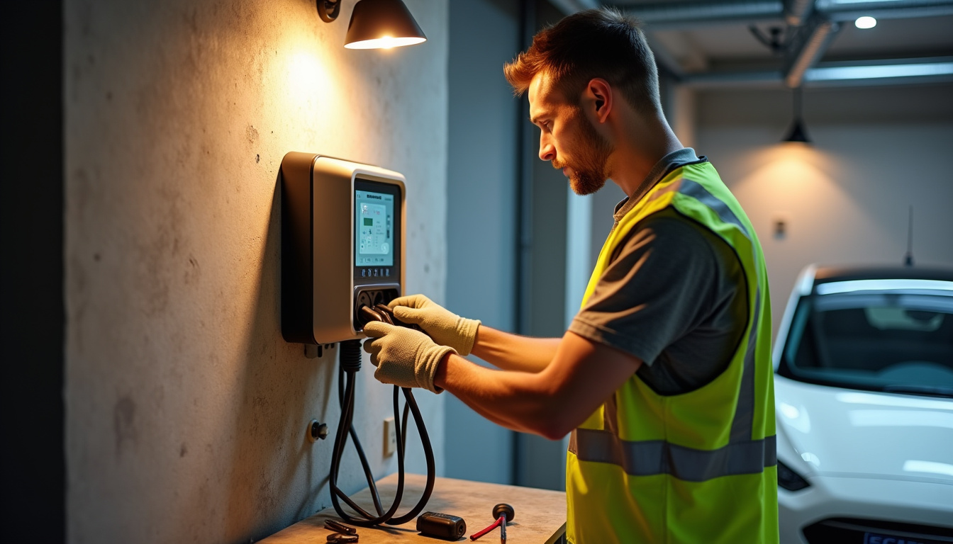 Technicien en train d'installer une borne de recharge murale dans un garage à Cosne-d'Allier