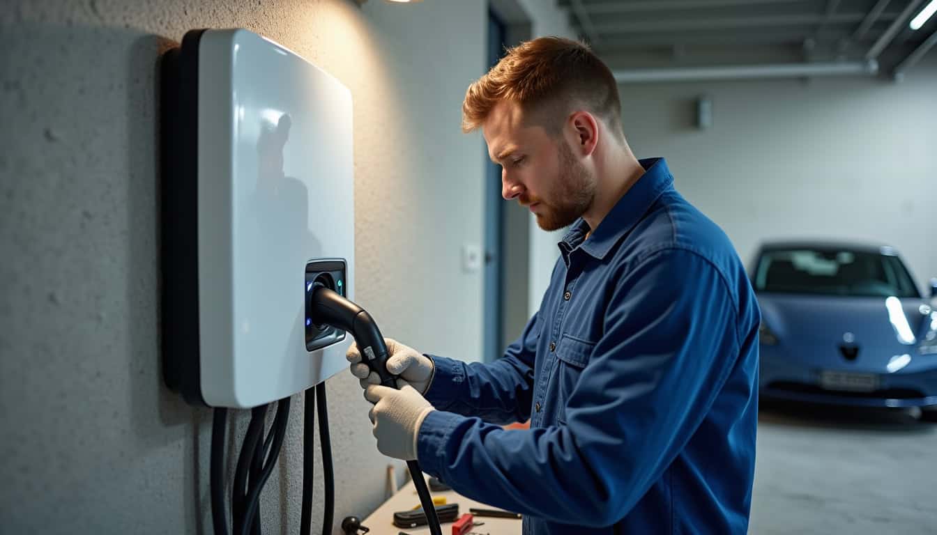 Technicien en train d'installer une borne de recharge murale dans un garage à Lys-Haut-Layon