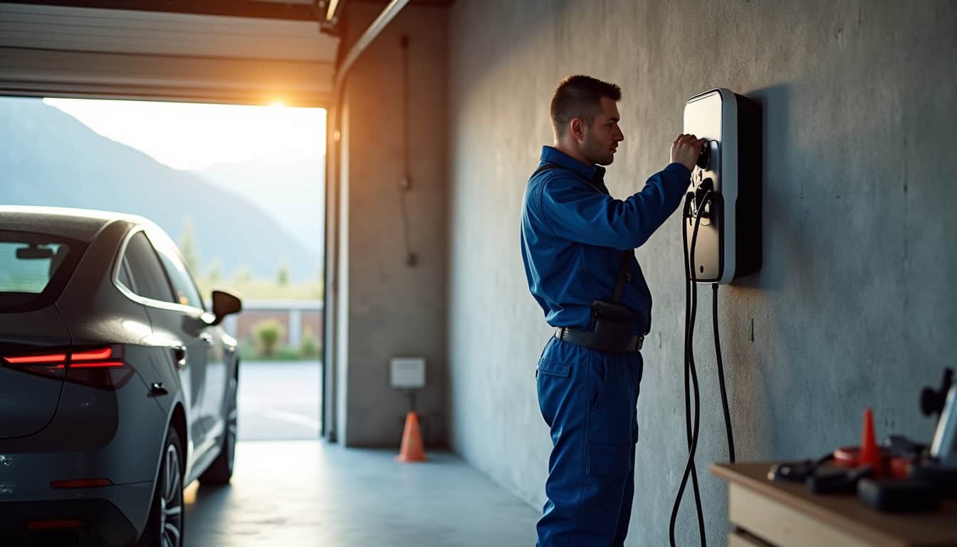 Technicien en train d'installer une borne de recharge murale dans un garage à Saint-Gervais-les-Bains