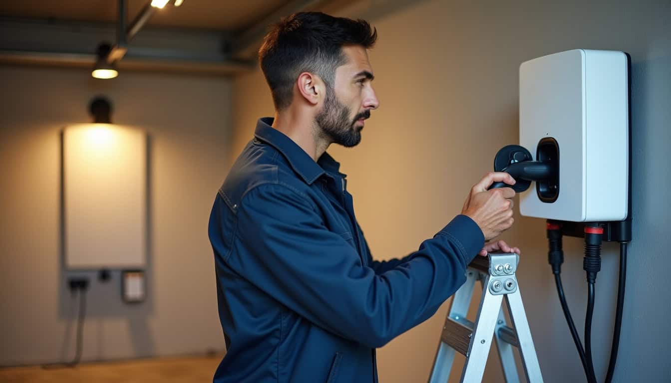 Technicien en train d'installer une borne de recharge murale dans un garage privé à Allonnes, avec tableau électrique en arrière-plan