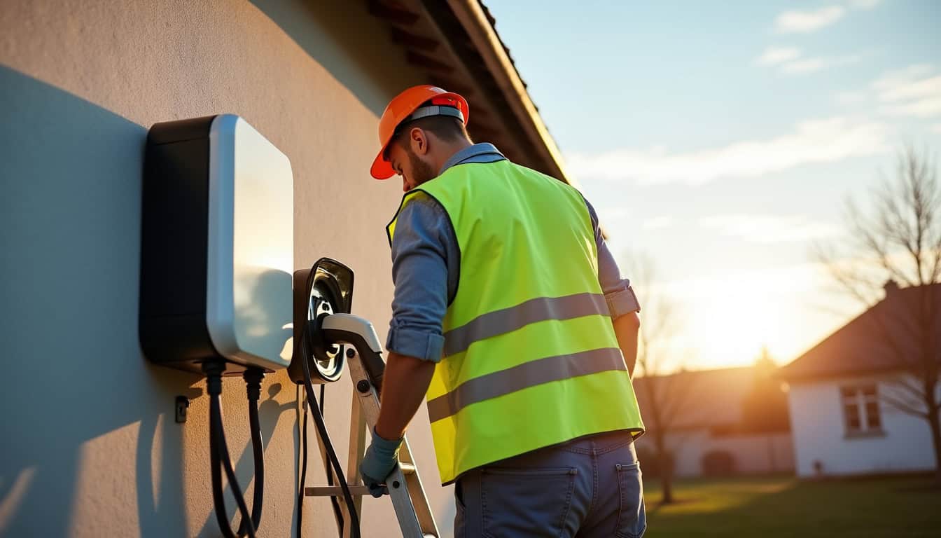 Technicien en train d'installer une borne de recharge murale pour un particulier à Saint-Prouant