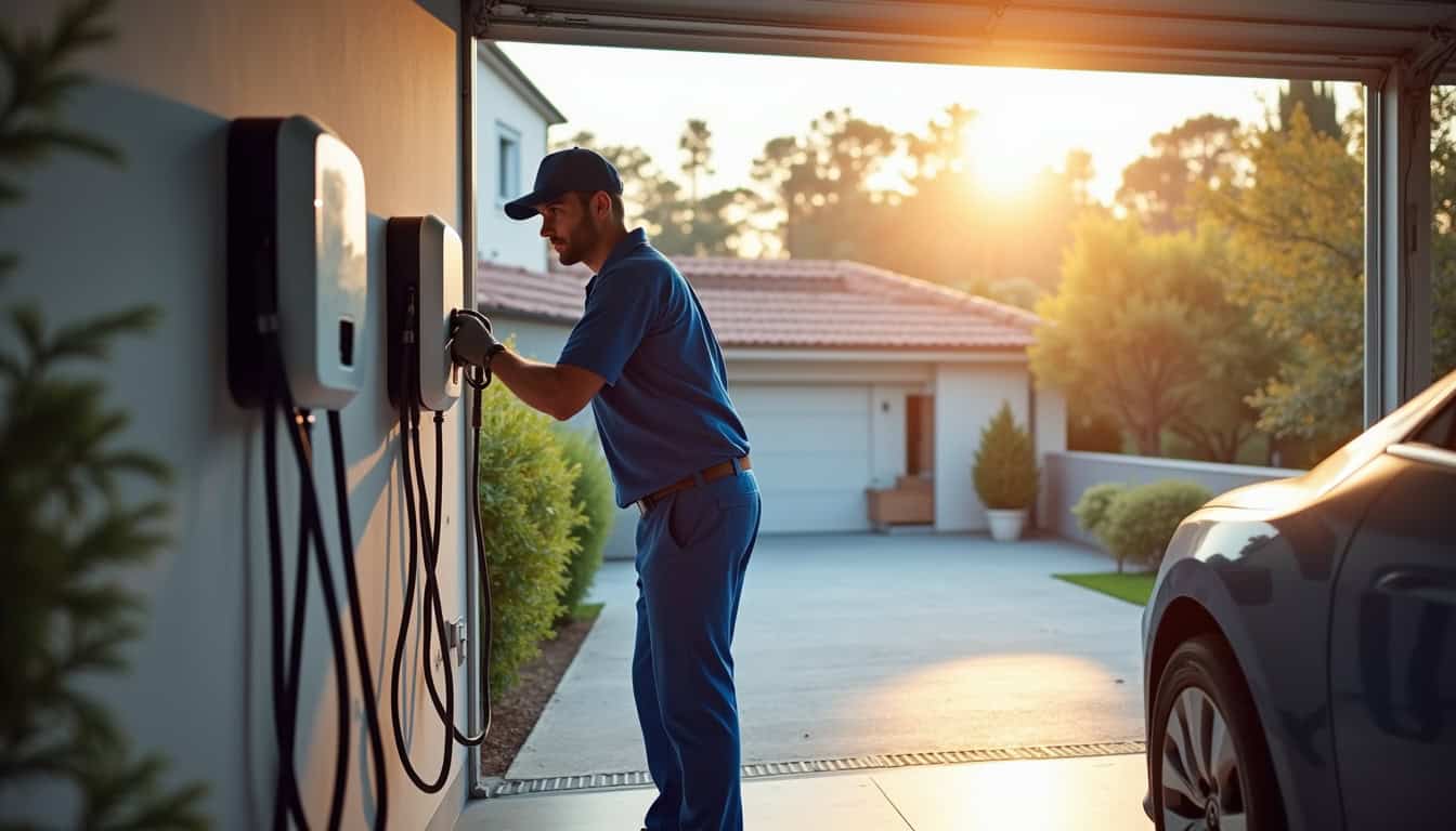 Technicien en train d'installer une borne de recharge murale sur le mur d'un garage privé à Ghisonaccia