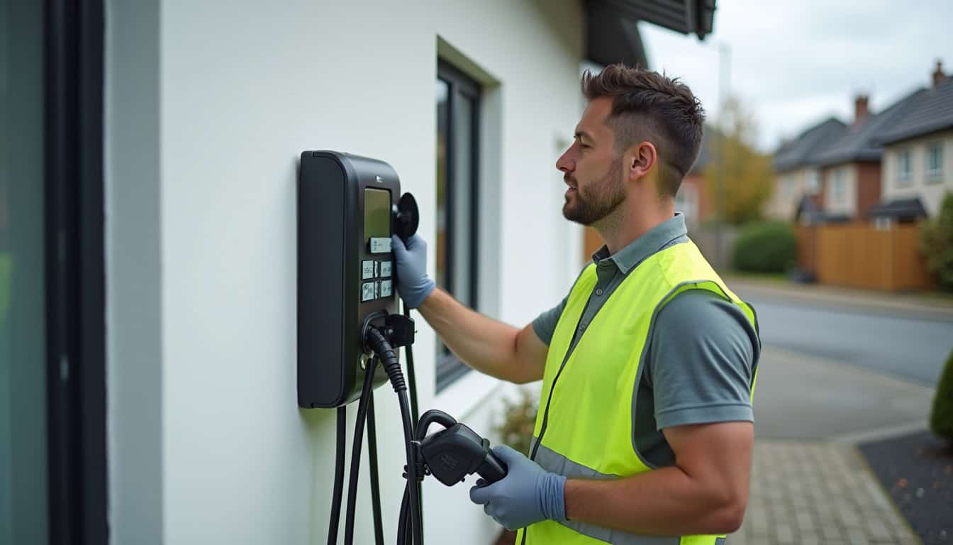Technicien en train d'installer une borne de recharge murale sur un mur extérieur