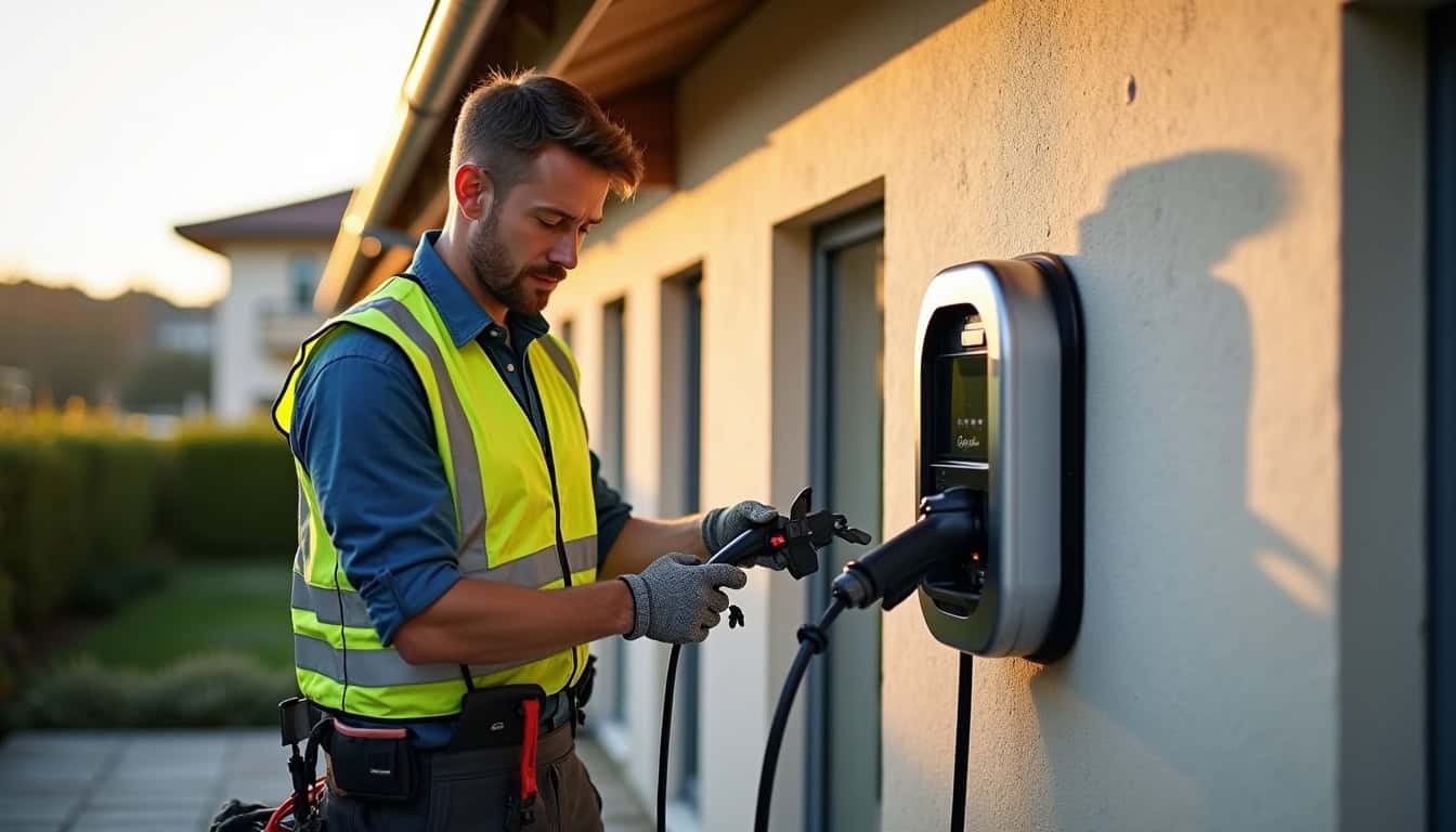 Technicien en train d'installer une borne de recharge pour une maison à Vernantes
