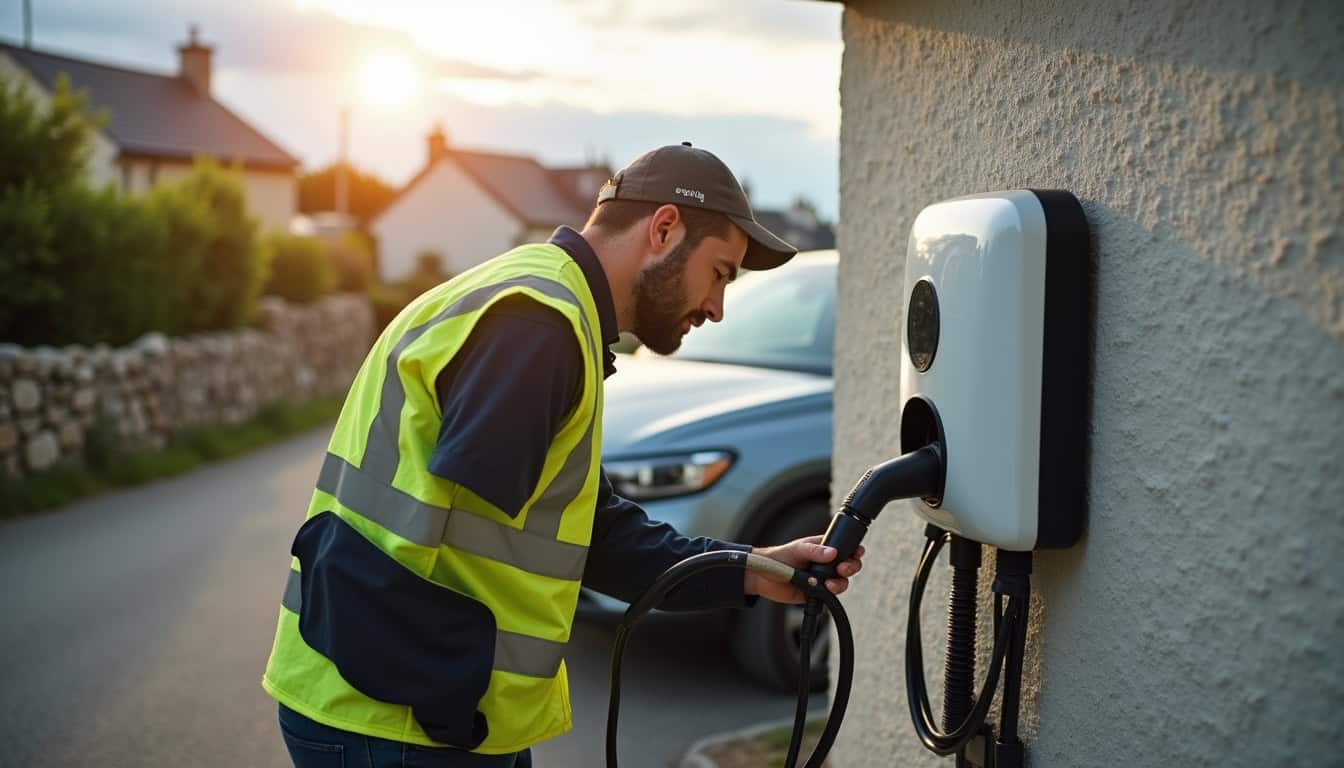 Technicien en train d'installer une borne de recharge pour véhicule électrique à Bégard