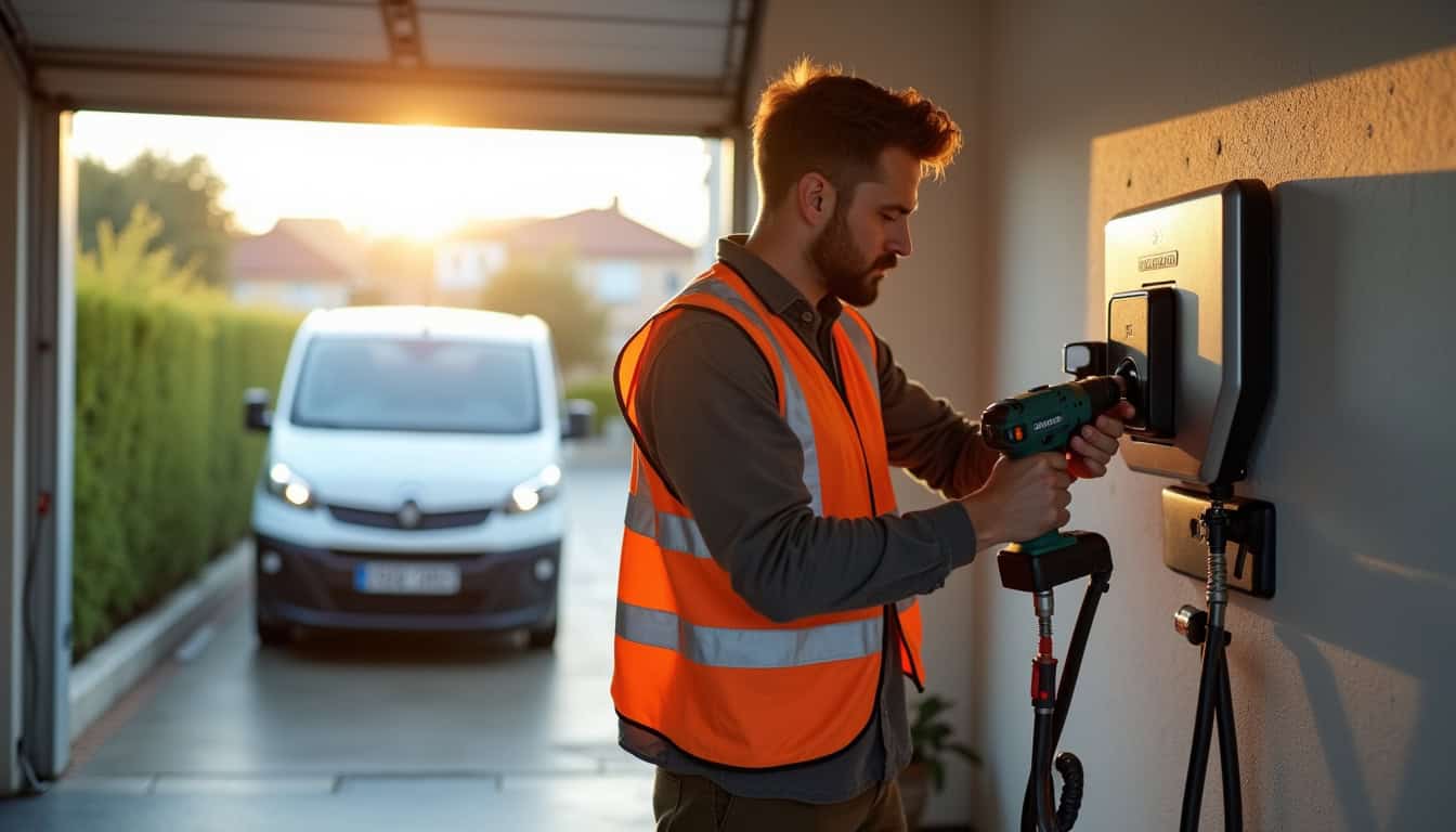 Technicien en train d'installer une borne de recharge pour véhicule électrique à Montauban