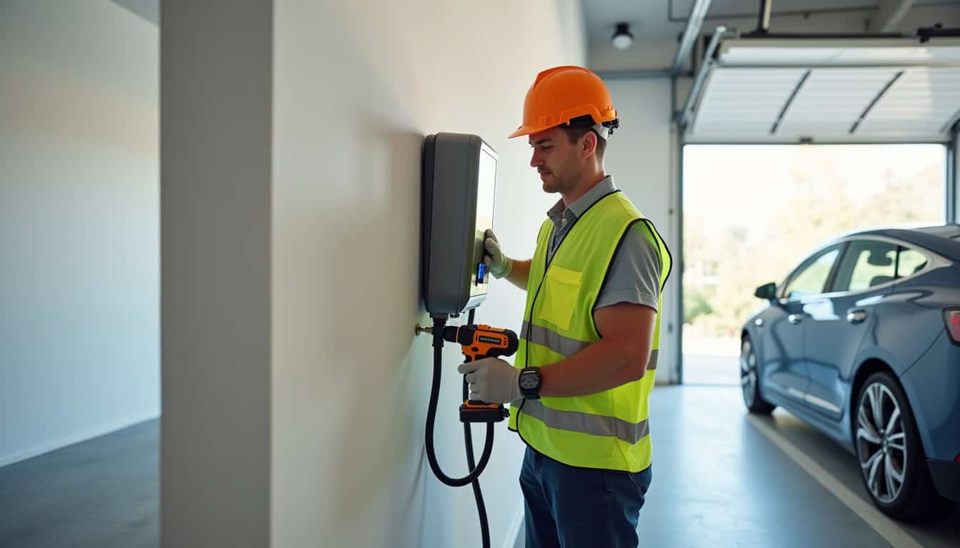 Technicien en train d’installer une borne de recharge pour véhicule électrique à Quimper