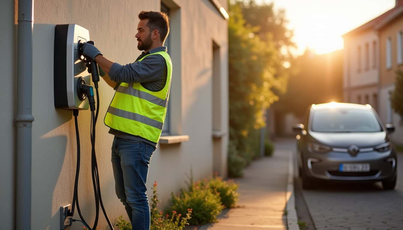 Technicien en train d'installer une borne de recharge pour véhicule électrique à Rodez