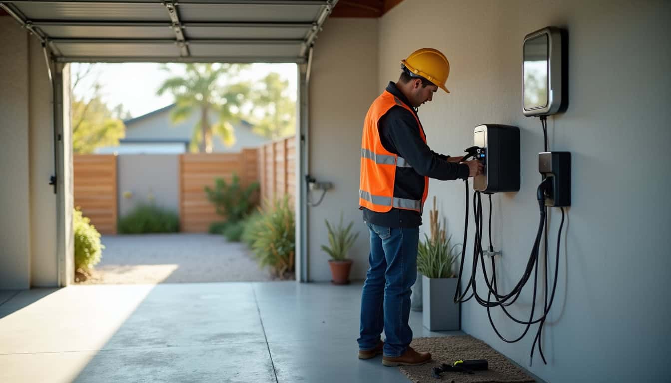Technicien en train d’installer une borne de recharge pour véhicule électrique dans un garage