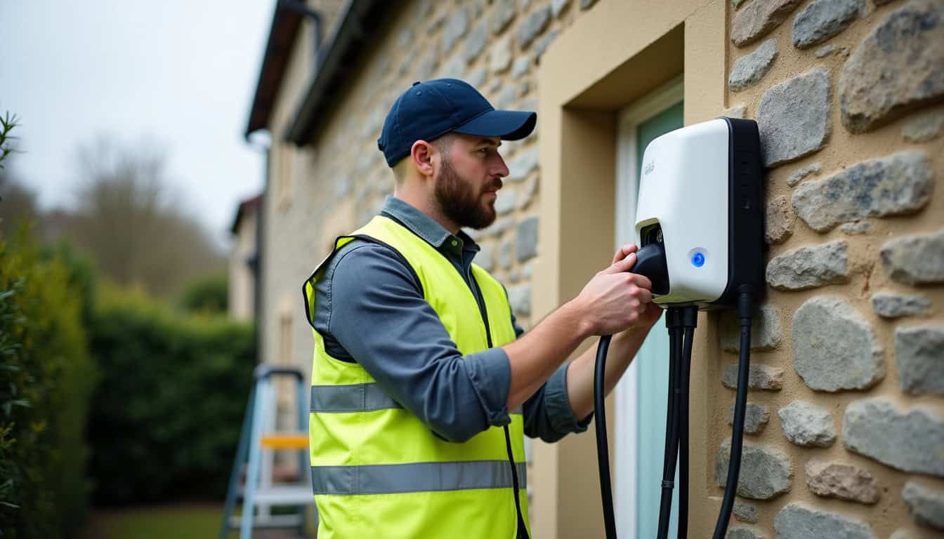 Technicien en train d’installer une borne de recharge pour voiture électrique à l’extérieur d’une maison à Saint-Pierre-Église