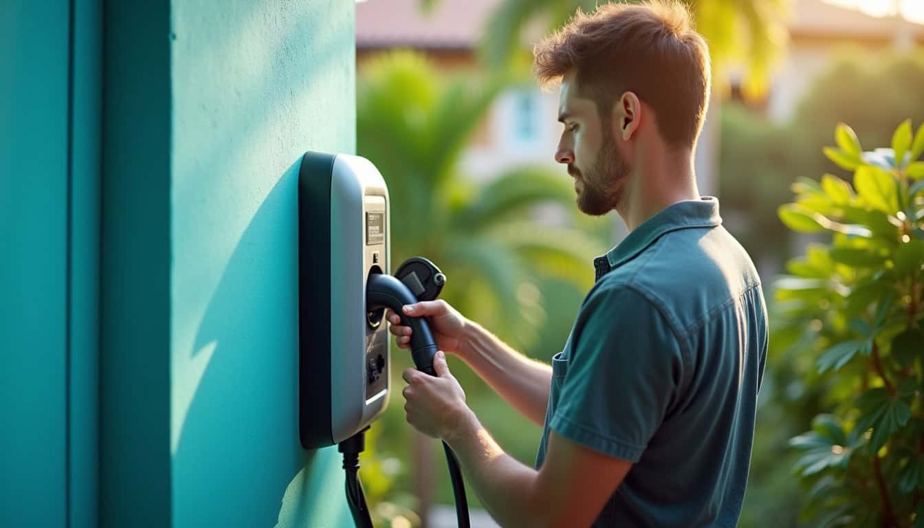 Technicien en train d'installer une borne de recharge sur un mur extérieur à Le Carbet