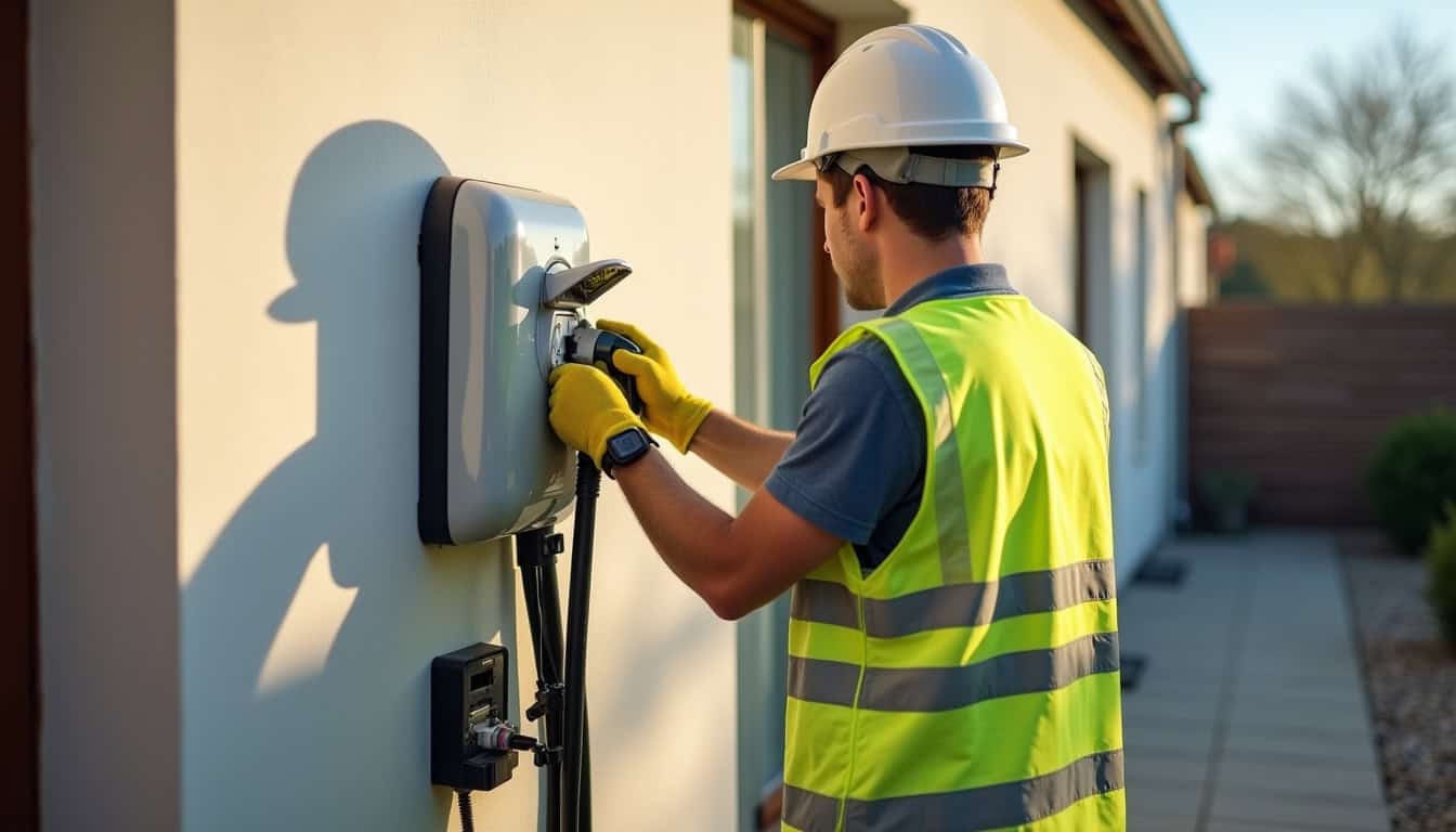 Technicien en train d'installer une borne électrique à Férolles-Attilly